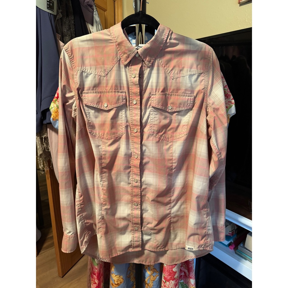 Duluth Trading Co Womens XL Western Plaid Snap Button Down Shirt Pink Orange